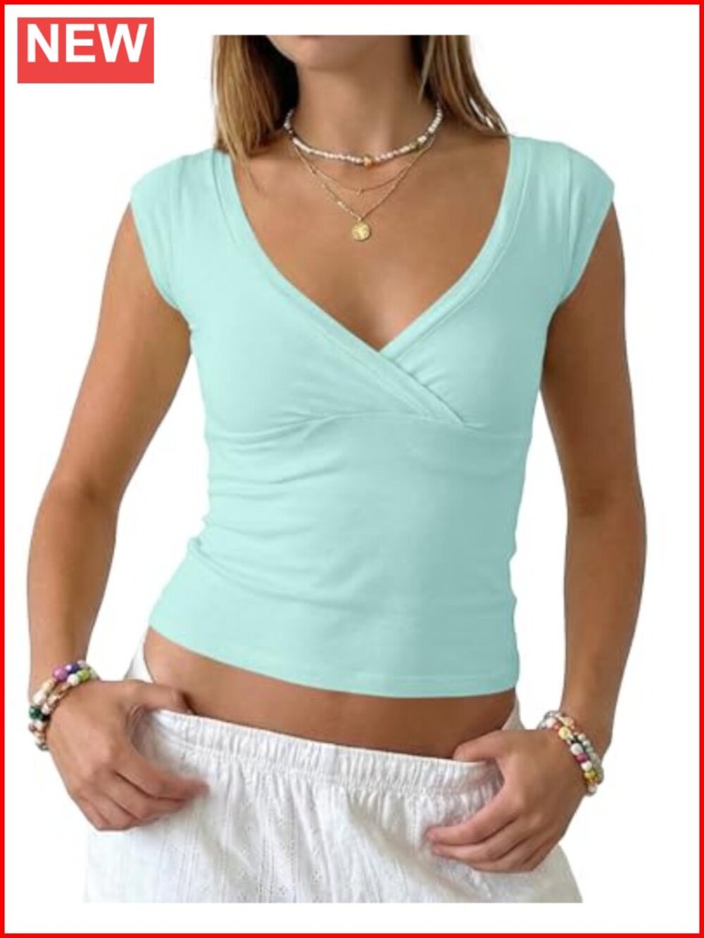 Women Slim Fit V Neck Crop Tank Top Cap Sleeve Y2K Preppy Summer Tee